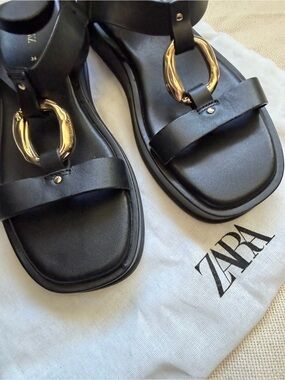 Zara Black Leather Sandals with Gold Ring Detail